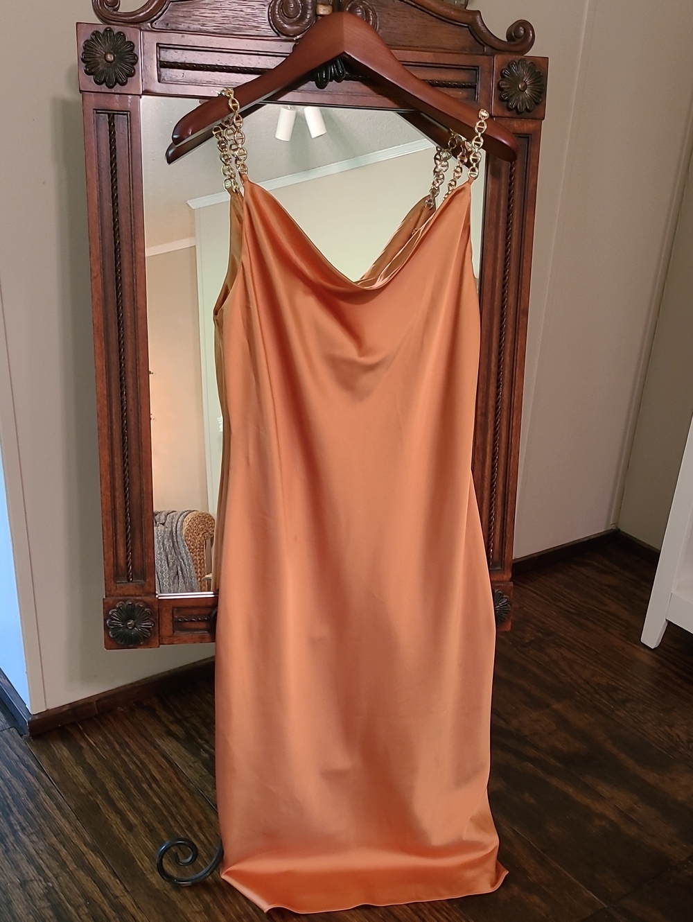 House Of Harlow Satin Slip Dress with Chain Straps - Orange